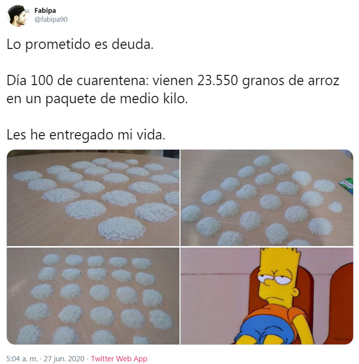 Día 100 de cuarentena: vienen 23.550 granos de arroz en un paquete de medio kilo.
Les he entregado mi vida.