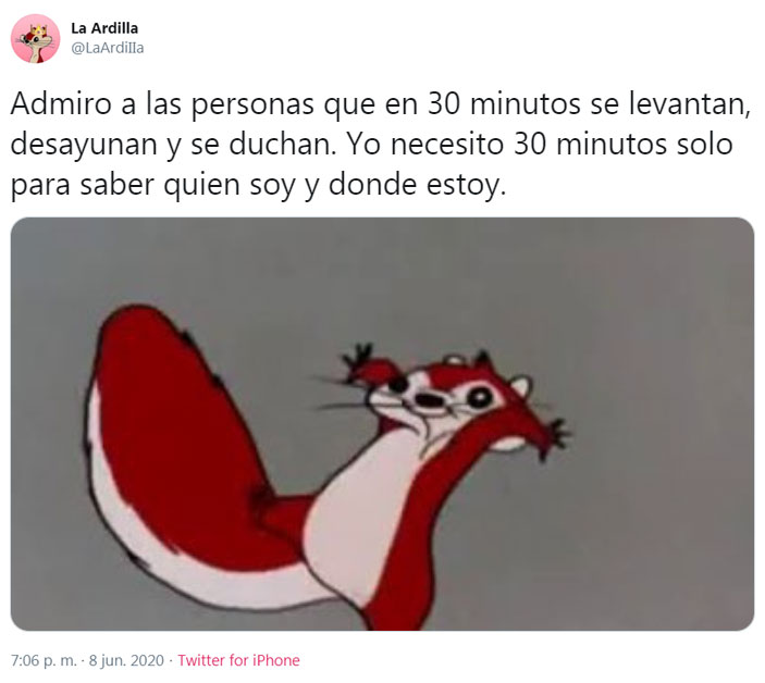 Admiro a las personas que en 30 minutos se levantan, desayunan y se duchan. Yo necesito 30 minutos solo para saber quien soy y donde estoy